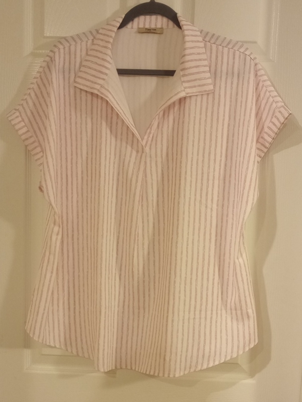 Women's Light Pink Striped Short-Sleeve Button-Top with Collar